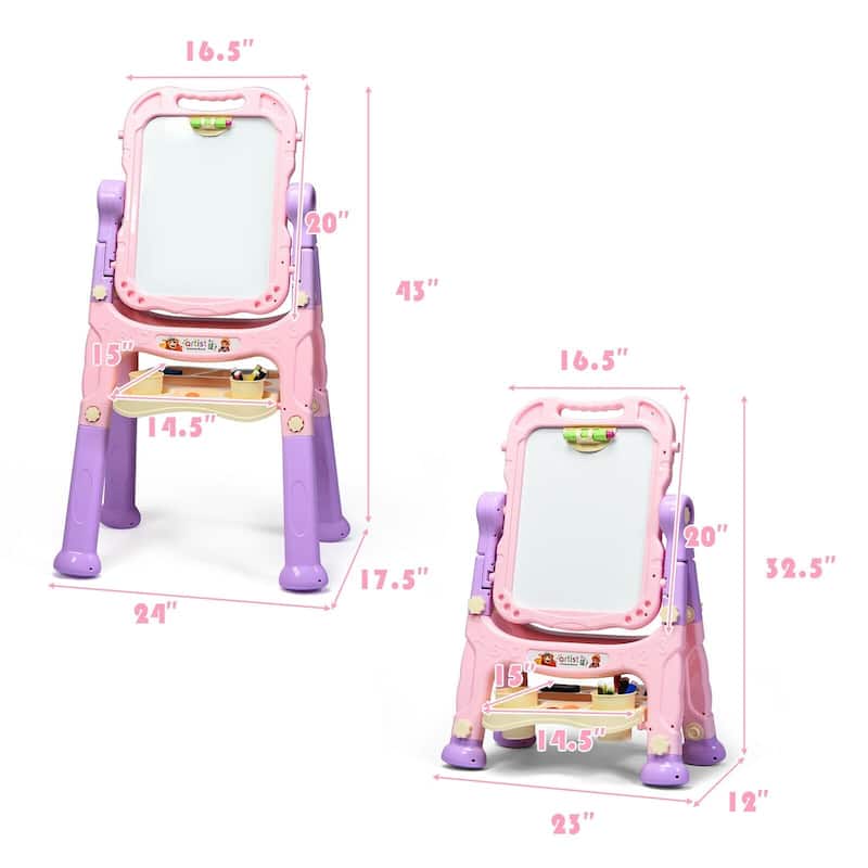 Height Adjustable Kids Art Easel Magnetic Double Sided Board-Pink - Pink - 24" x 17.5" x 43" (L x W x H)