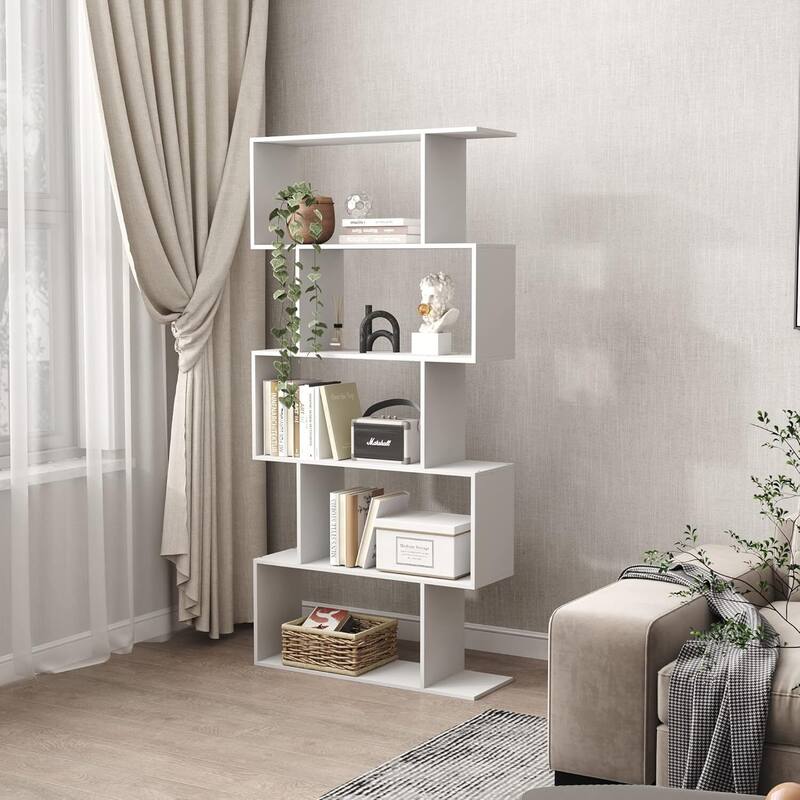 S-Shaped Bookshelf, Black Geometric Bookcase for Home & Office - White/5 Tier