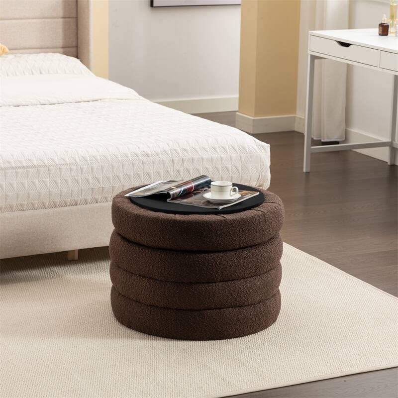Fabric Storage Round Ottoman Footstool with Wooden Shelving