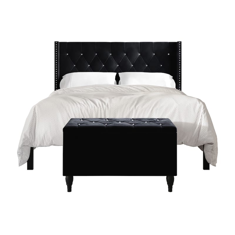 CraftPorch 2 Piece Bedroom Bench Set Velvet Wingback Upholstered Bed - Black - Queen