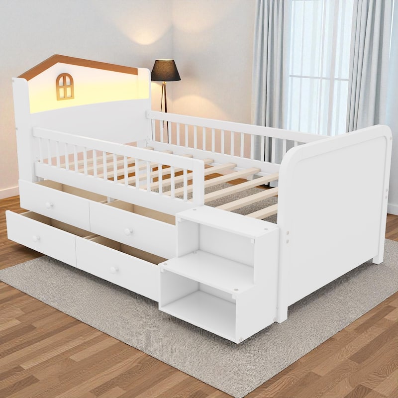 Twin Size Low Loft Bed with LED Light, Wooden Kids Loft Bed with Storage Drawers and House Headboard