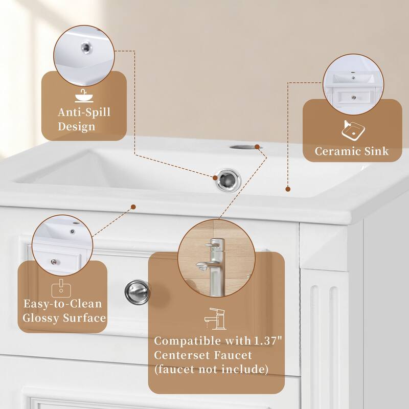 18" French Style Bathroom Vanity with Ceramic Sink, Freestanding Single Vanity with Soft-Close Door