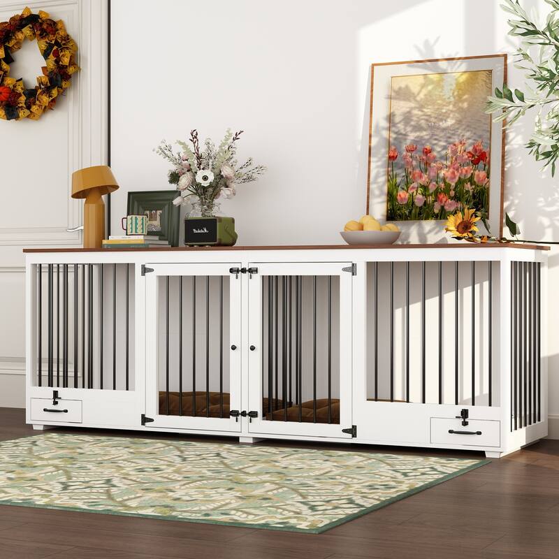 Wooden Dog Crate Furniture for 2 Large Dogs Indoor Pet Crate with Feeding Drawers Top Storage
