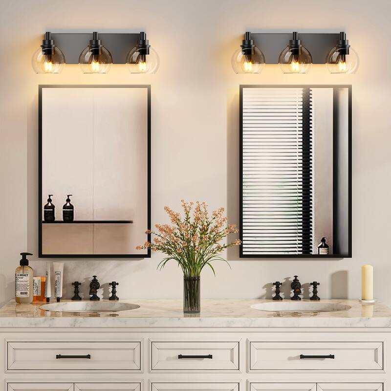 Bathroom Vanity Light,Modern 3-Light Bathroom Lighting Fixtures Over Mirror with Clear Glass Shade and Metal Base - Black