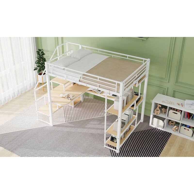 Full Size Metal Loft Bed with Storage Staircase, Built-in Desk, Wardrobe, and Shelves, White