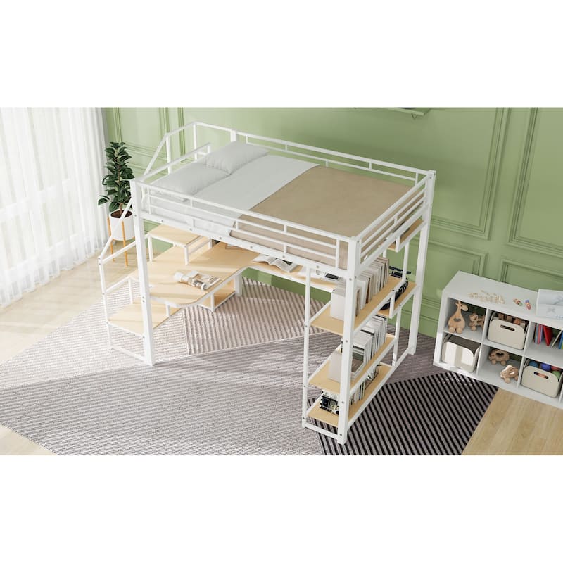 Roomfitters Full Size Metal Loft Bed with Wardrobe, Desk and Storage Staircase