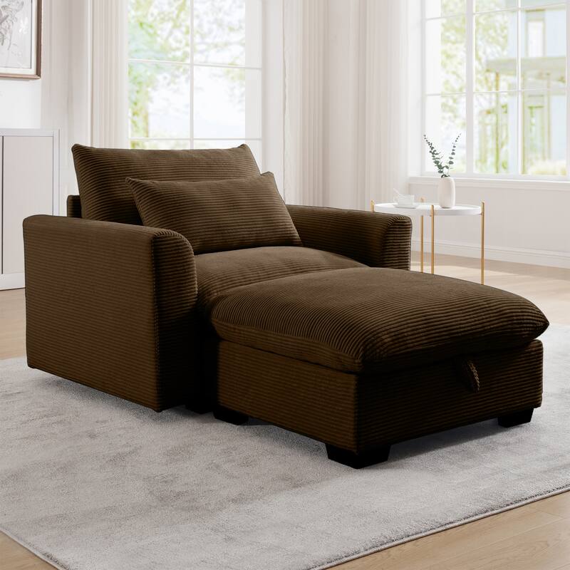Modern Living Room Chair, Upholstered Fabric Accent Armchair, Corduroy Single Sofa Chair with Ottoman for Office/Bedroom