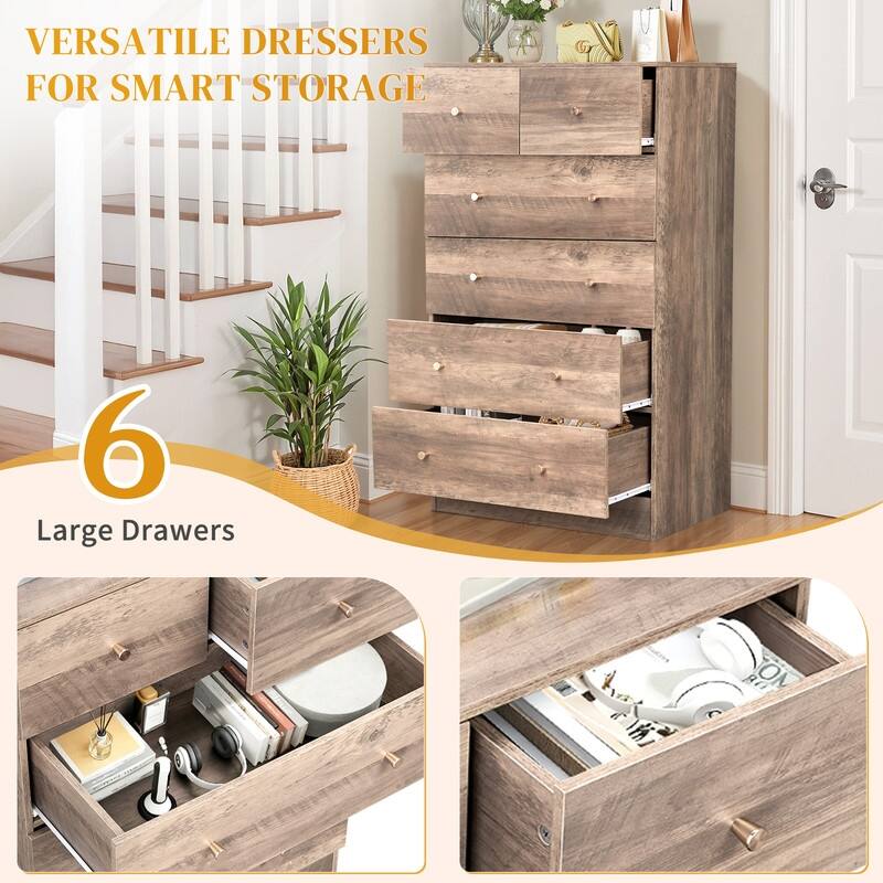 6-Drawer Large Dresser For Bedroom And Chest Of Drawers With Sturdy Construction Wood Storage Organizer For Closet