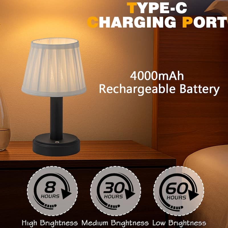 Modern Type-C Rechargeable LED Table Lamp Dimmable Touch Control with Fabric Shade For Bedroom Living Room - W6''
