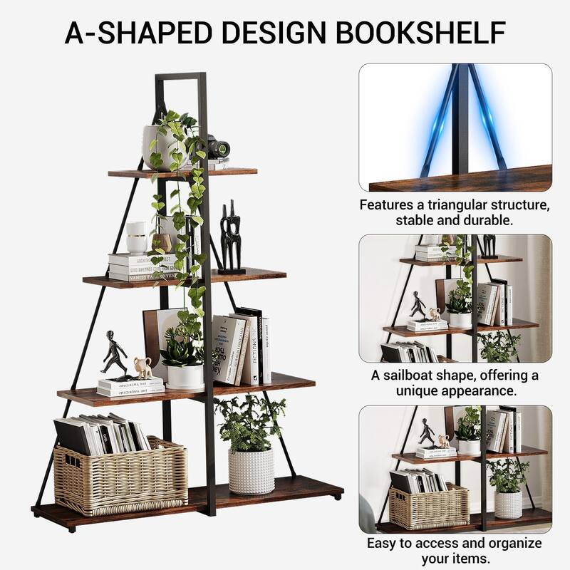 4-Tier A-Frame Ladder Bookshelf, Brown Stylish Ladder Bookcase