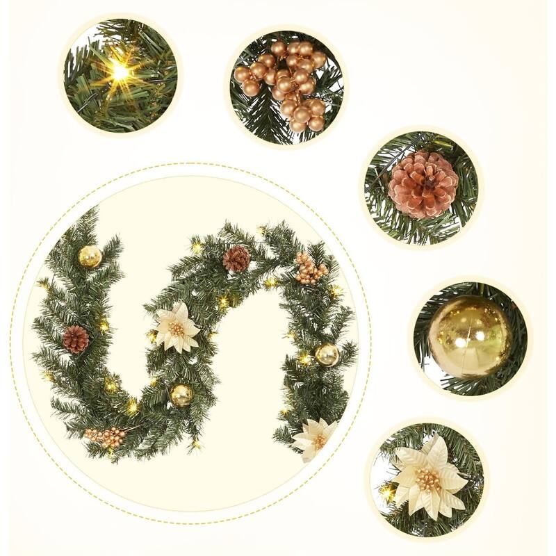 Decorated 6 Ft Pre-Lit Christmas Garland with Battery Operated LED Lights - N/A