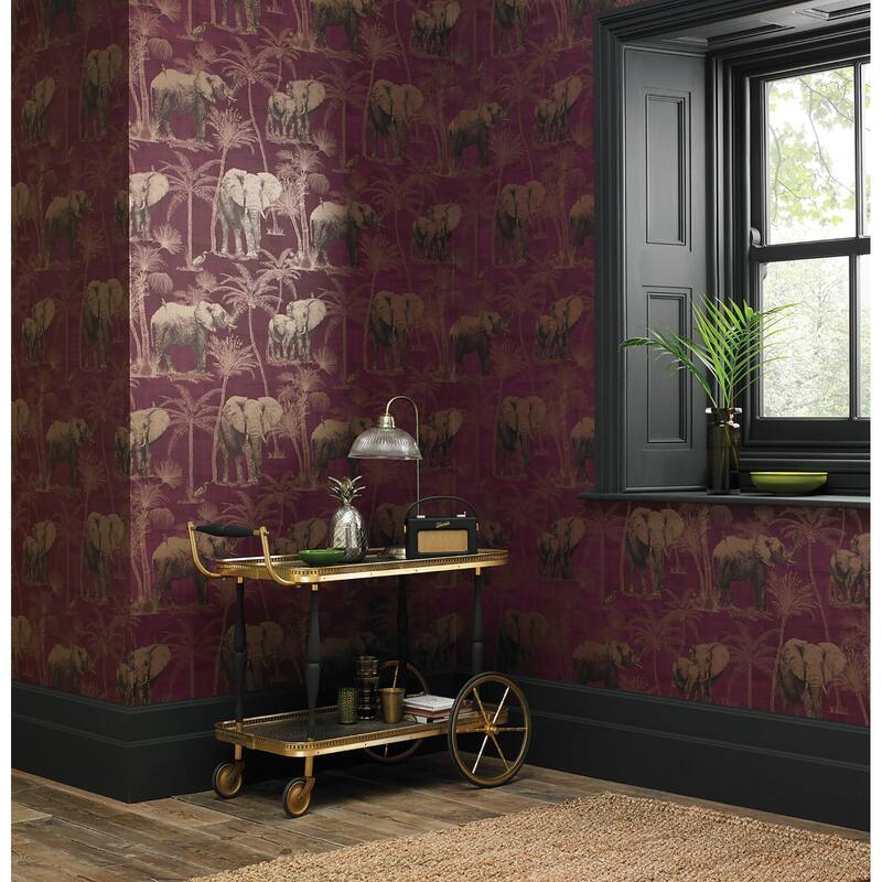 Arthouse Adelia Maroon Elephant Grove Wallpaper