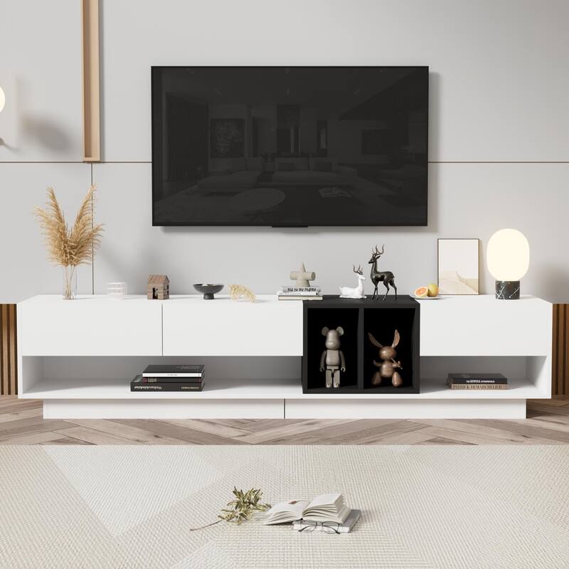 Modern Minimalist 2-Tone TV Stand, for TVs Up to 80" with 3 Drawers and Versatile Compartment, for Living Room, White