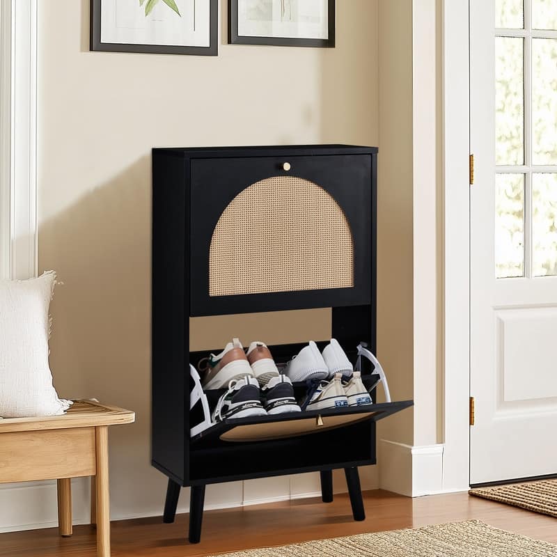 Rattan Shoe Cabinet with 2 / 4 Flip Drawers, Narrow Shoe Storage Cabinet,Organizer for Entryway, Bedroom, Living Room - Black - 2-drawer