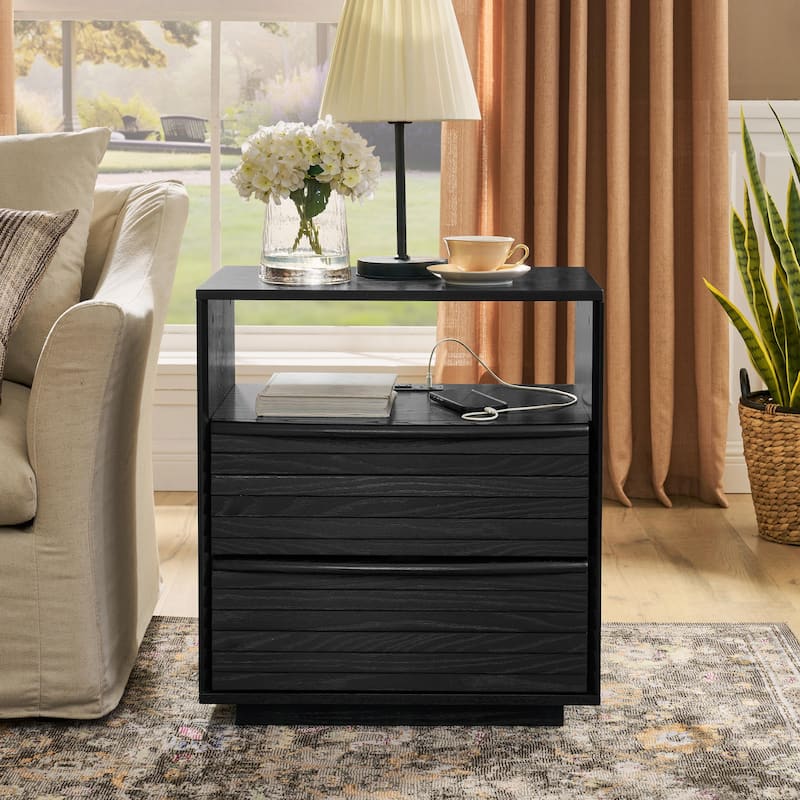 Mid Century Modern Nightstand with Charging Station & Outlet Hole & 2 Solid Wood Drawers - Black