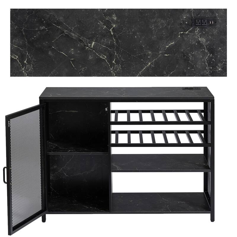 Modern Bar Sideboard Buffet Storage Cabinet with LED Lights and USB Socket, Black Wine Bar Cabinet - 43.31In*13.78in*32.87in