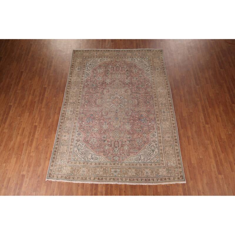 Pink Geometric Mashad Persian Vintage Area Rug Handmade Wool Carpet - 8'1"x 11'1"