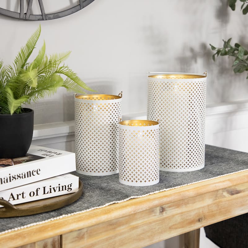 Laser-Cut Iron Candle Holders with Handles - 10" - White and Gold - Set of 3