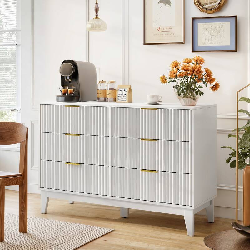 EROMMY Fluted Dresser 6 Drawer Mid Century Modern Dresser Wide Chest of Drawers with Metal Handles for Bedroom Living Room