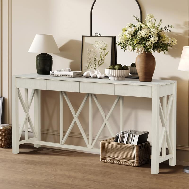 Modern Acacia Wood 60" Console Table with 4 Drawers and Unique X-Design for Entryway or Living Room
