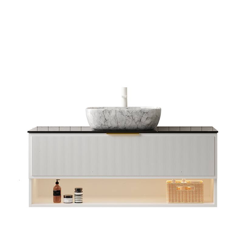 GDFStudio - Malone Modern Floating Bathroom Vanity with Pinstripe Drawers, Open Shelf & Marble Ceramic Basin, WITHOUT Faucet