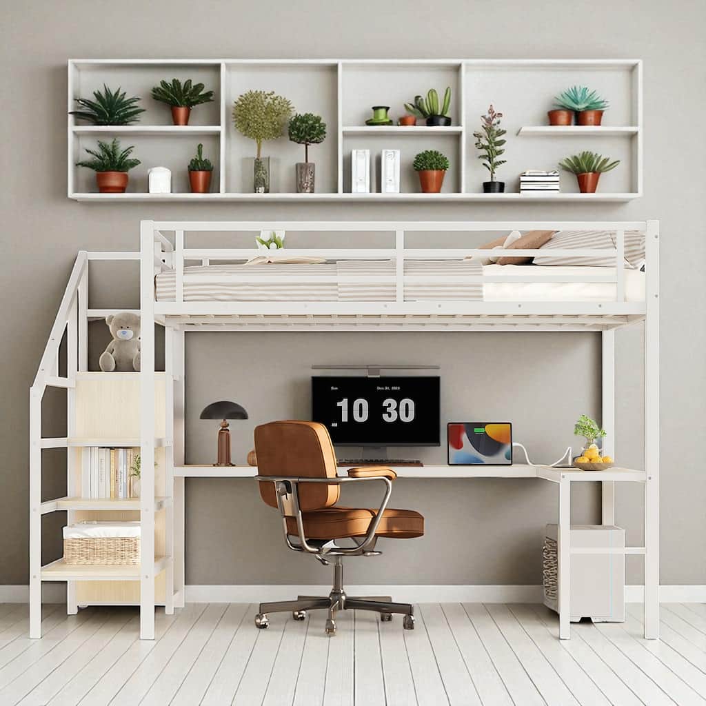 Queen Size Loft Bed with L-Shaped Desk, USB Charging, LED Lights, Wardrobe & Adjustable Shelf for Kids, Teens, Adults