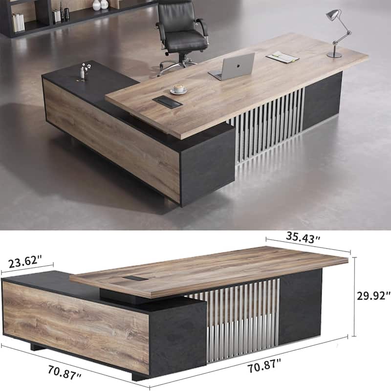 Large L-Shaped Executive Desk with Drawers Cabinet Cable Management