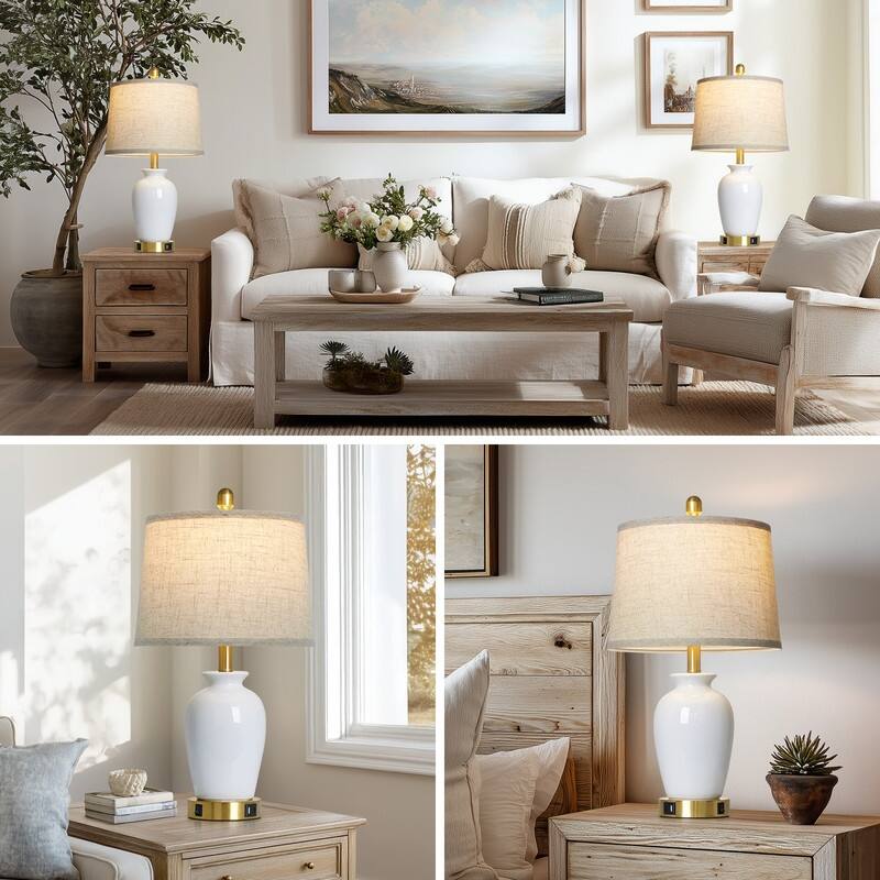 23.5" Elegant Ceramic Table Lamp with USB-C Charging, Gold Accents(Set of 2) - 12.5'' x 12.5'' x 23''
