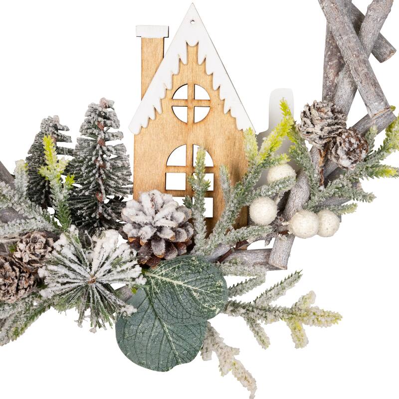 Flocked House and Pinecones Wood Branch Artificial Christmas Wreath - 12" - Unlit