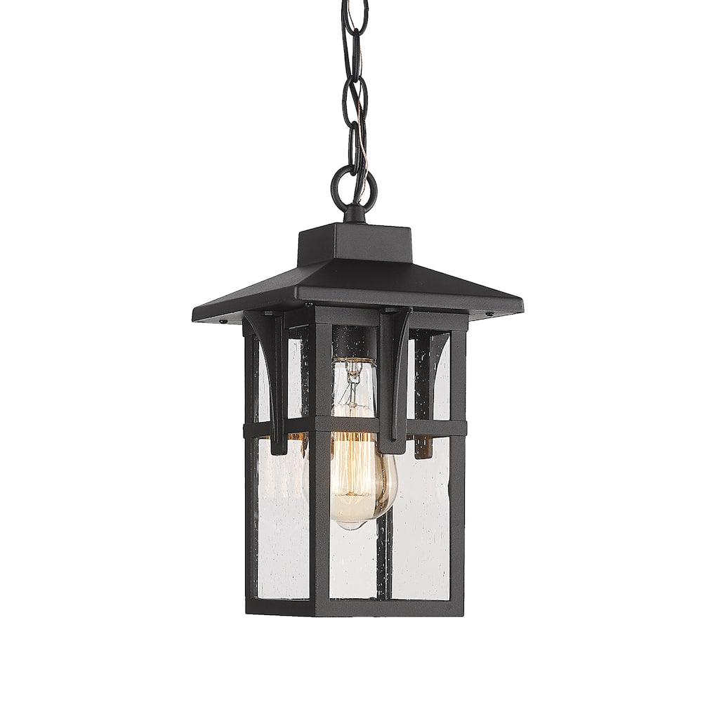 1-Light Pendant Light Fixtures with Height Adjustable Chain, Seeded Glass Shade, Matte Black Finish