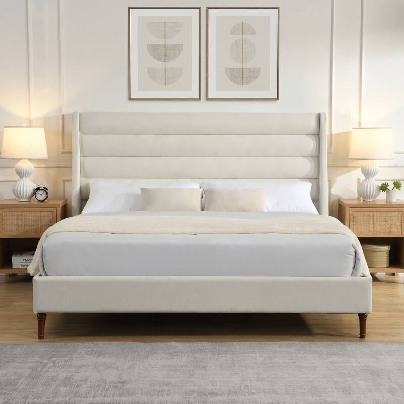 King Size Bed Frame High Headboard Upholstered Platform Bed with Wave - Shaped Headboard, Premium Chenille Fabric - Ivory