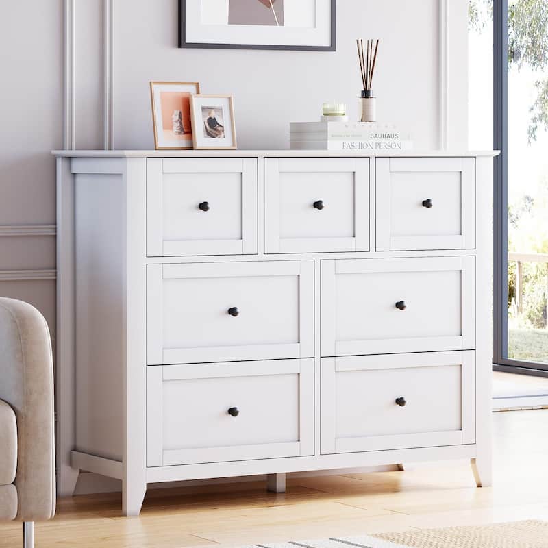7-Drawer Dresser, Stylish Wood Storage Organizer - White