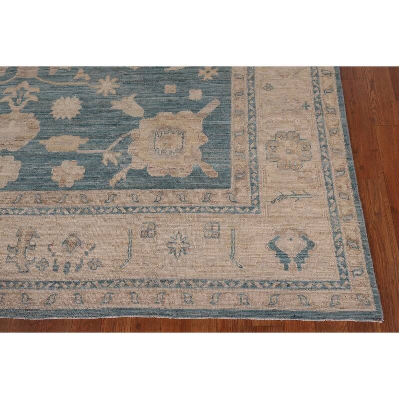 Teal Blue Vegetable Dye Oushak Turkish Rug Hand-Knotted Wool Carpet - 7'10" x 10'6"