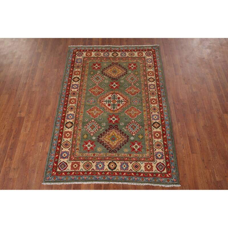 Hand Knotted Oriental 100% Wool Carpet Traditional Geometric Green Kazak Area Rug - 5' 11'' X 4' 0''