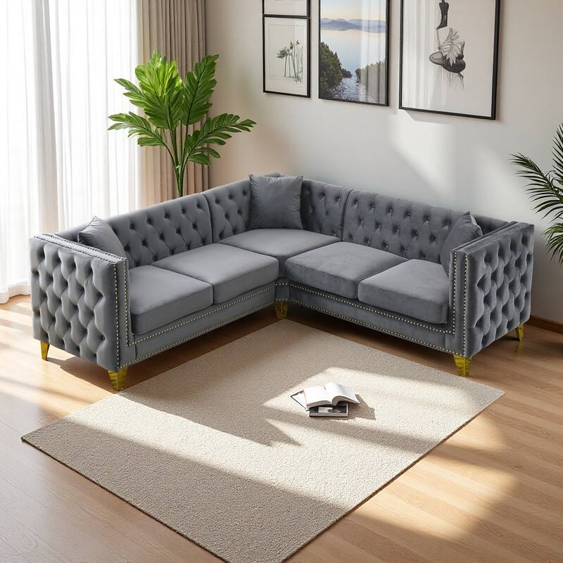 82.2" Velvet L-Shaped Sectional Sofa, 5-Seater Corner Couch with 3 Cushions - Gray
