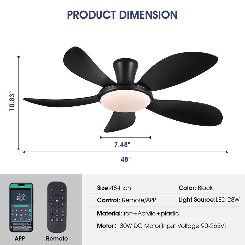 48" Flush Mount Ceiling Fan with Lights, 5 Reversible Blades,3 CCT LED with Remote and APP Control - 48 Inches