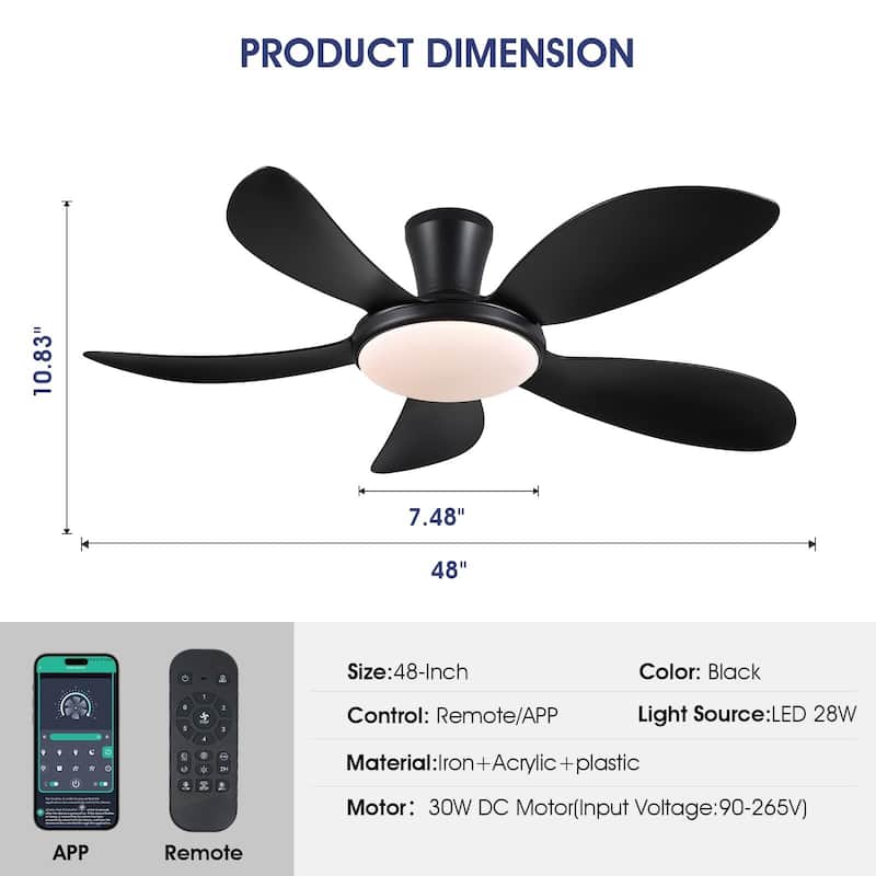48 Inch Flush Mount DC Ceiling Fan with Lights, 5 Reversible Blades,3 CCT LED with Remote and APP Control - 48 Inches