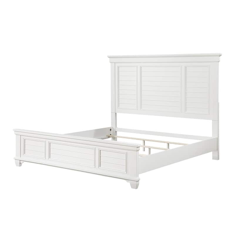 Lyni Queen Size Bed with Farmhouse Style Headboard, Solid White Acacia Wood