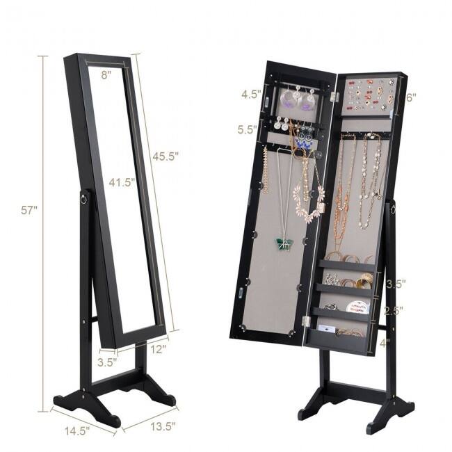 Mirrored Standing Jewelry Cabinet Storage Box - 13" x 14.5" x 56" (L x W x H)
