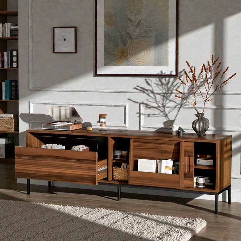 70.8'' Mid Century Modern TV Stand for 75'' TVs, Walnut Media Console with Sliding Doors, Drawer, Adjustable Shelves