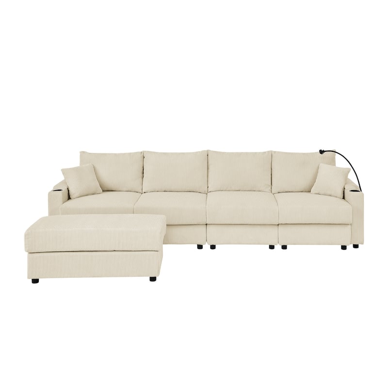 4 Seater Storage Lounge Couch Corduroy L-shaped Sectional Sofa with Ottoman, Phone Stand and Cup Holders for Living Room