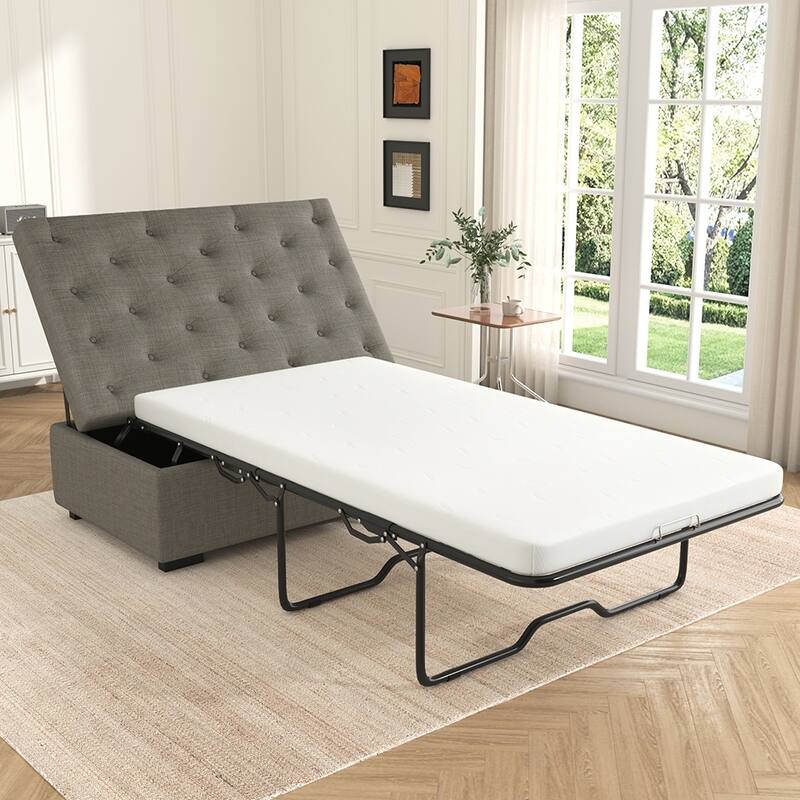 66" Convertible Ottoman Sleeper Sofa Bed, Tufted, Memory Foam Mattress - Grey