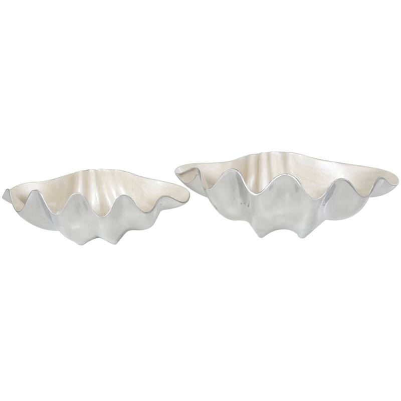 Blue or White Aluminum Enameled Shell Decorative Bowl with Silver Metal Exterior (Set of 2) - White