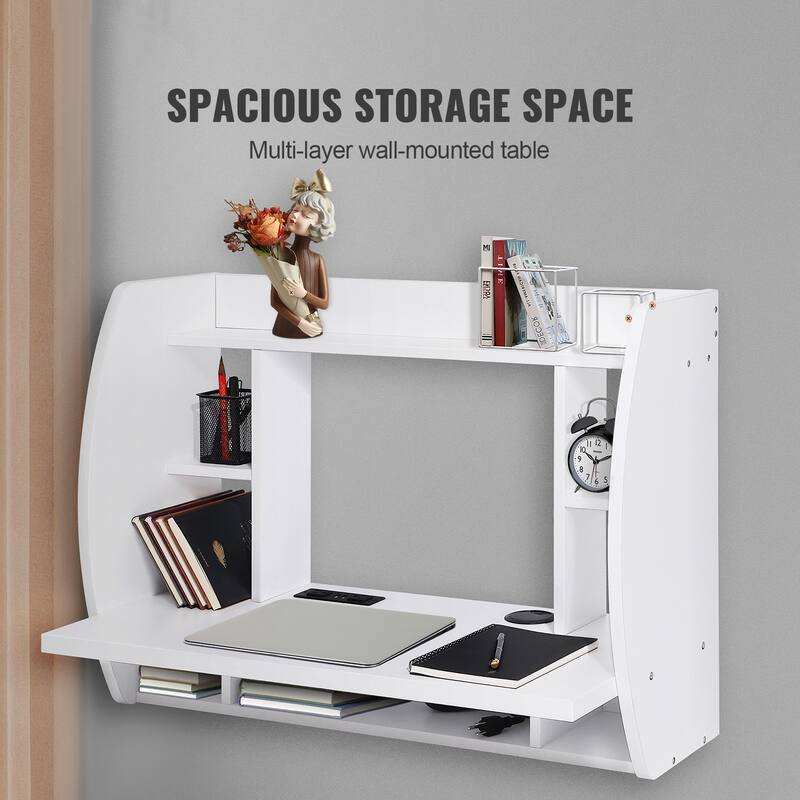 Wall Mounted Floating Desk for Home Office, Space Saving with Storage Shelves and Cubby