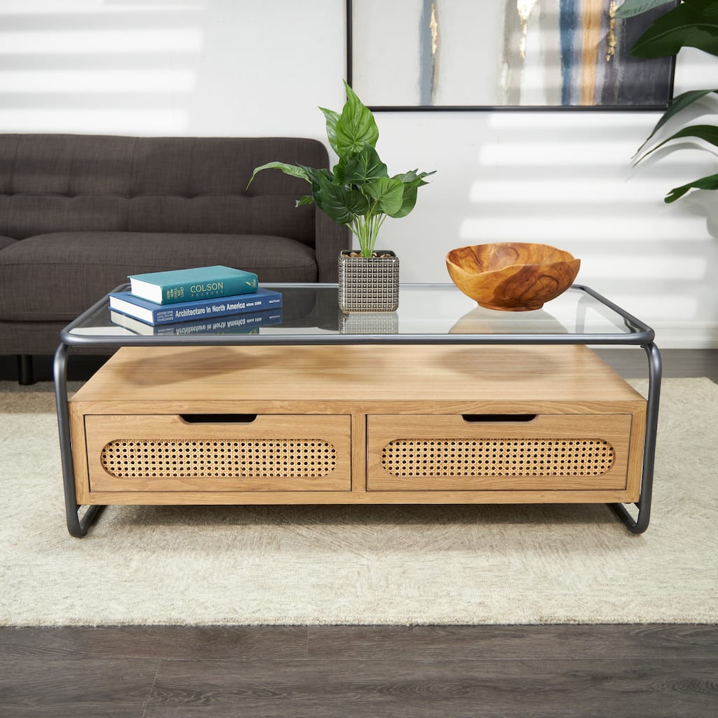 Brown Wooden Living Room Coffee Table with Cane Front Drawers and Gray Metal Frame