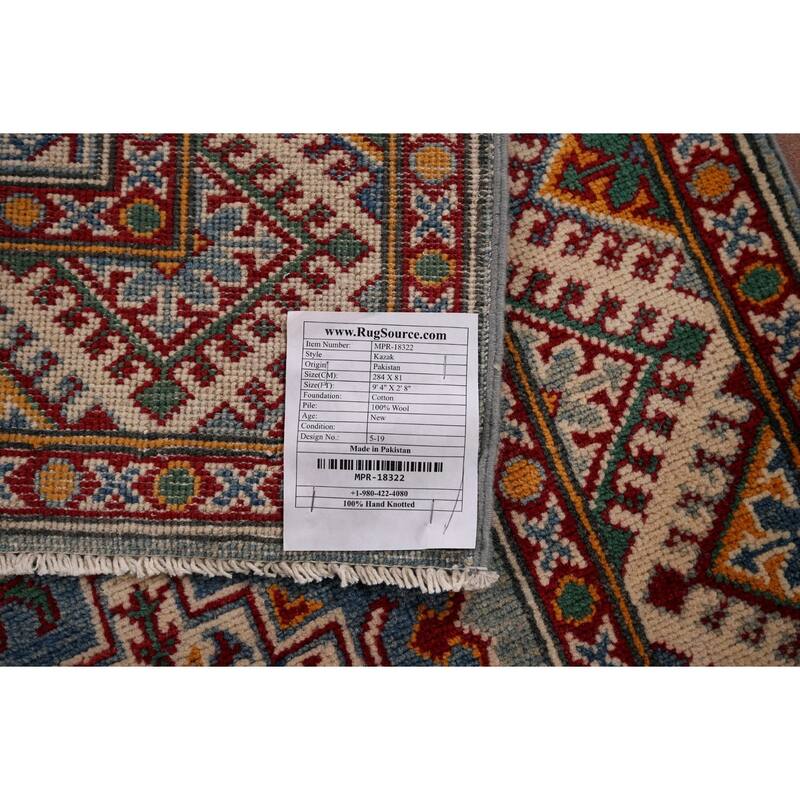 Geometric Kazak Oriental Runner Rug Hallway Hand-Knotted Wool Carpet - 2'8" x 9'4"