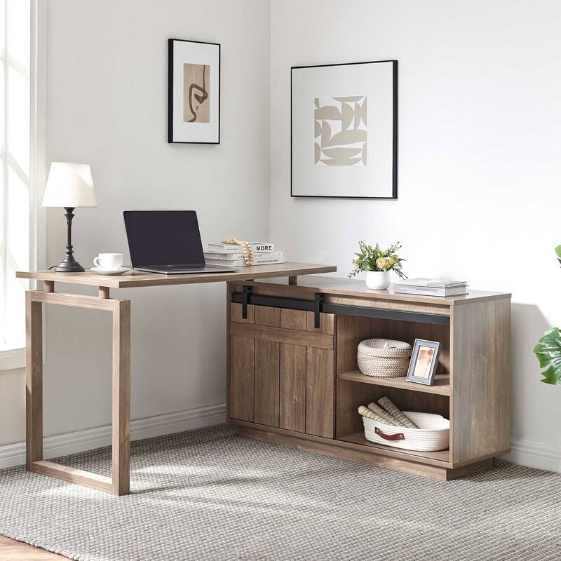 L Shaped Home Office Desk with Storage Credenza and Sliding Barn Door - Brown