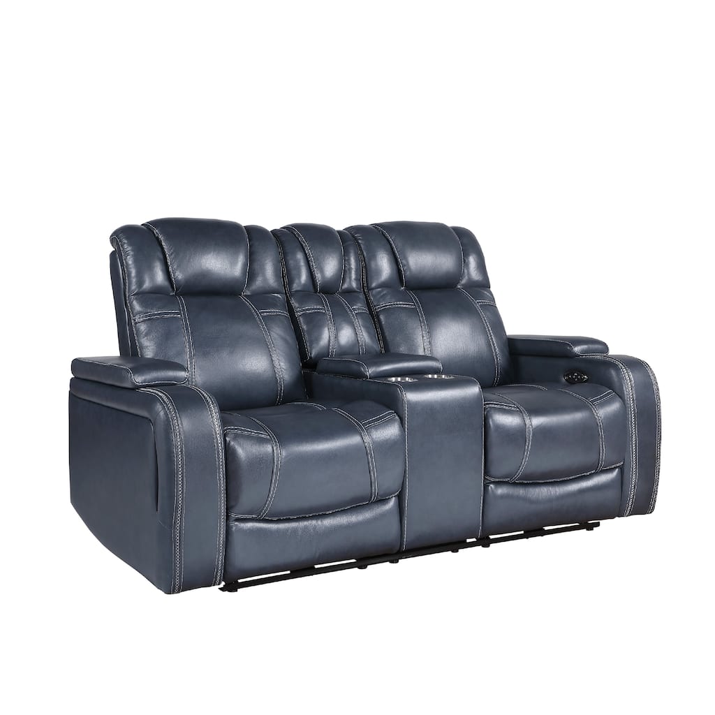 Ezia Power Double Recliner Loveseat, Console, Blue Leather, 74 Inch