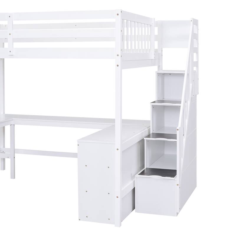 Full Size Loft Bed with Built-in L-Shaped Desk & Three-Tier Storage Shelves & Attached Storage Staircase, White
