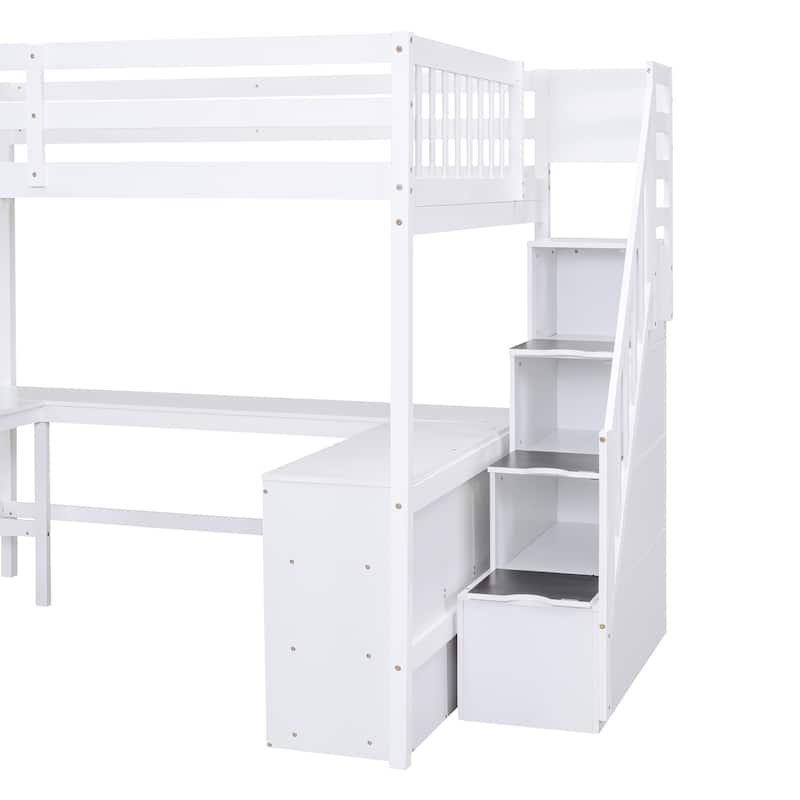 Full Size Pine Wood Loft Bed with L-Shaped Desk and Storage
